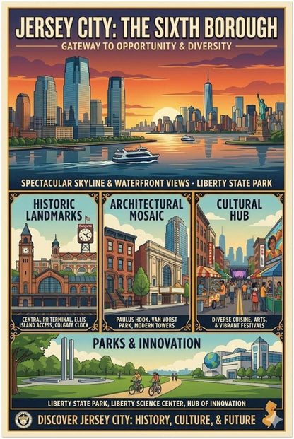 JERSEY CITY POSTER – SIXTH BOROUGH SKYLINE & CULTURE VINTAGE PRINT