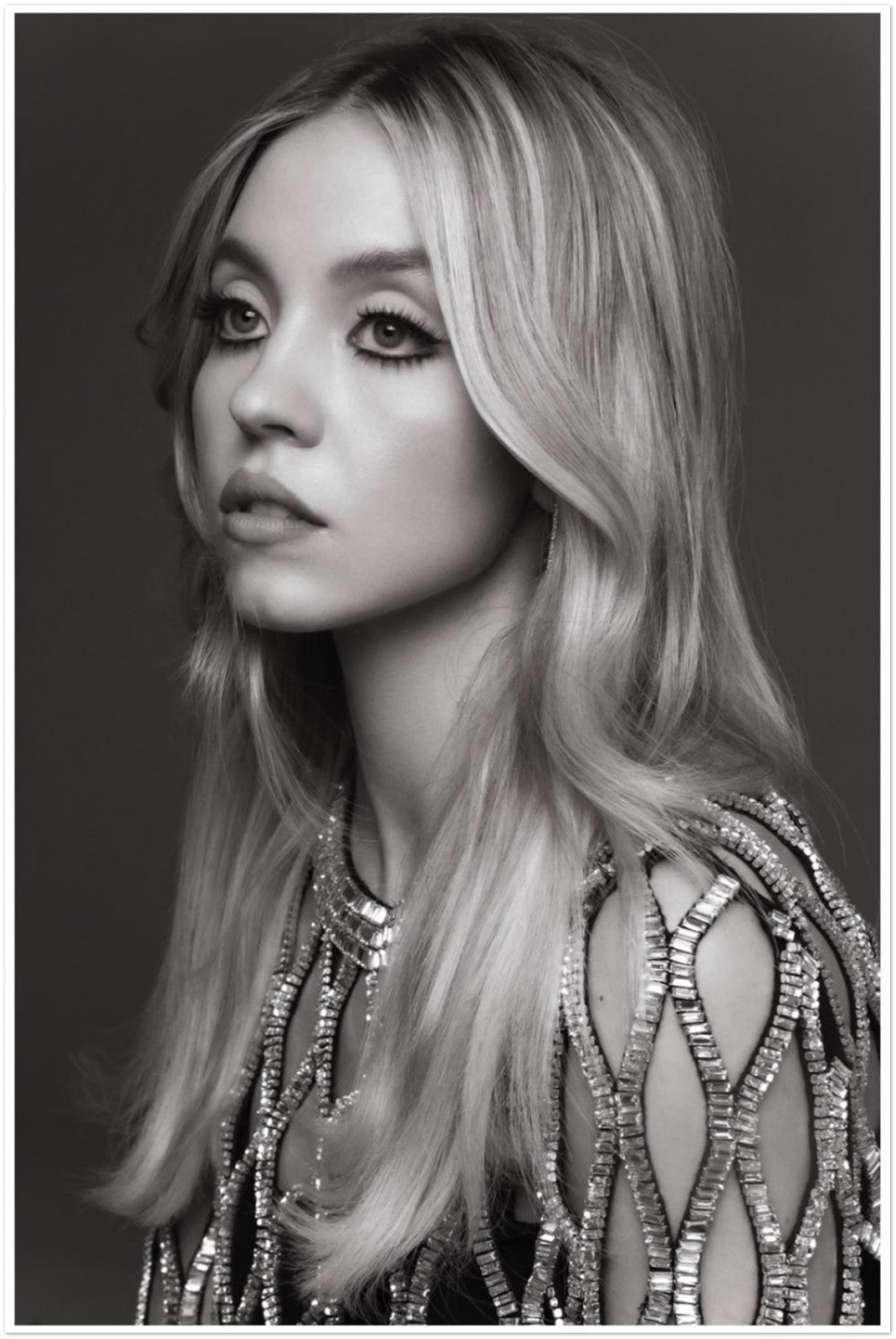 SYDNEY SWEENEY POSTER – GLAMOUR BLACK & WHITE PORTRAIT – FASHION ART PRINT