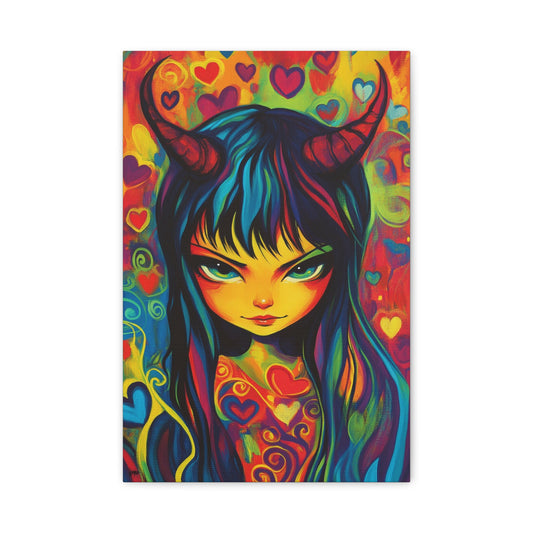 Colorful Evil Girl Canvas Print – Vibrant Psychedelic Fantasy Art, Matte Stretched Canvas