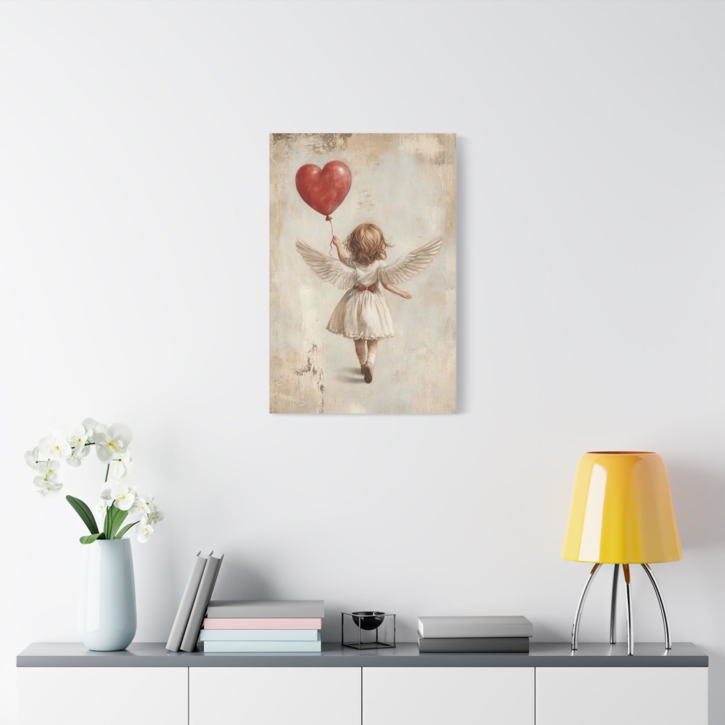 Angel Canvas Art – Whimsical Guardian Angel with Heart Balloon, Matte Stretched Canvas