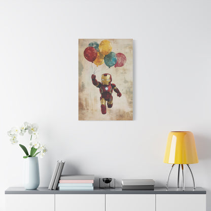 Flying Mini Iron Man Canvas Art – Whimsical Superhero with Balloons, Matte Stretched Canvas