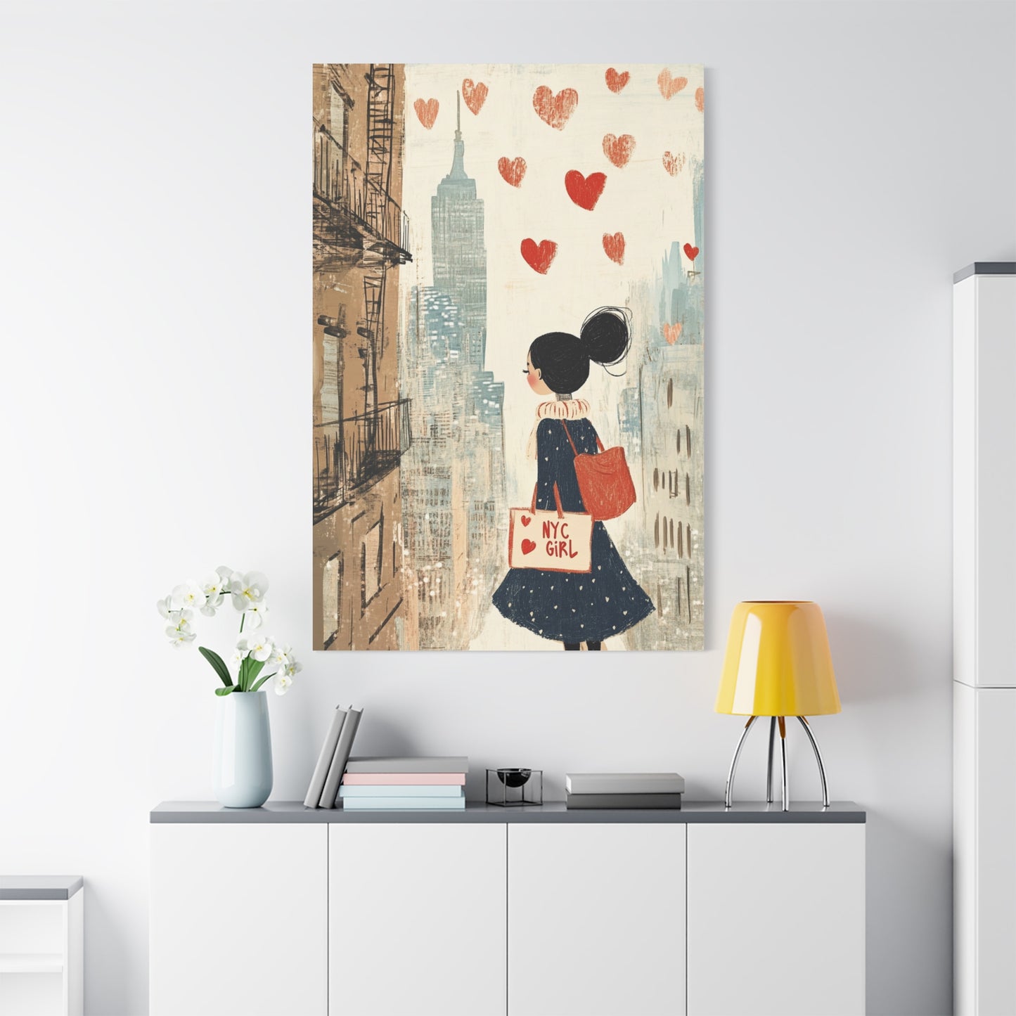 Girl Love and NYC Canvas Art V – Whimsical Cityscape with Floating Hearts