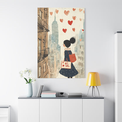 Girl Love and NYC Canvas Art V – Whimsical Cityscape with Floating Hearts