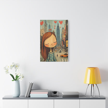 Girl Love and NYC Canvas Art IV – Whimsical Cityscape with Floating Hearts