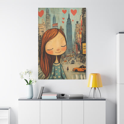 Girl Love and NYC Canvas Art IV – Whimsical Cityscape with Floating Hearts