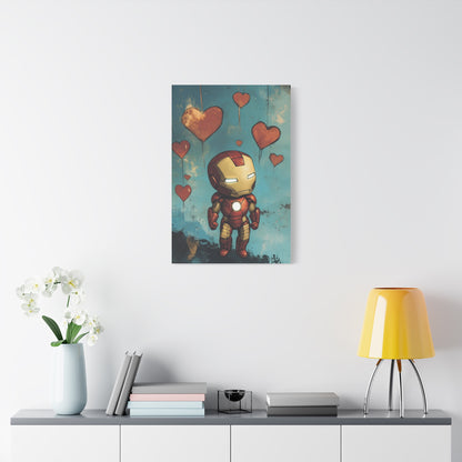 Iron Man and Hearts Canvas Art – Whimsical Armored Hero with Floating Hearts, Matte Stretched Canvas