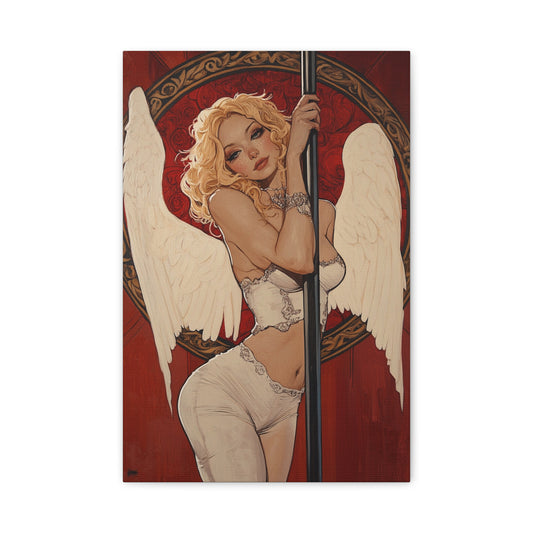 Pole Dancing Lust Canvas Print – Sensual Angelic Fantasy Art, Matte Stretched Canvas