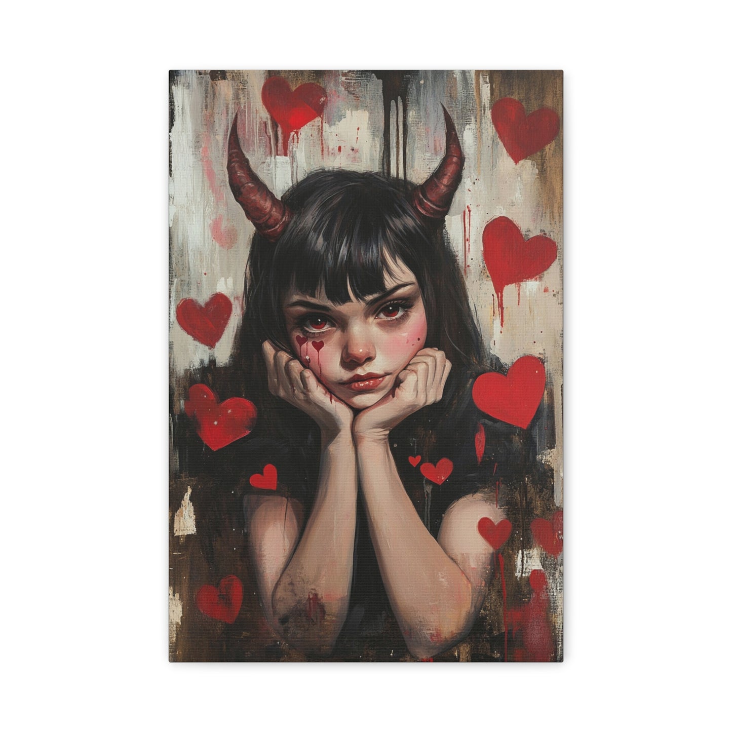 Evil Girl Gothic Canvas Print – Dark Fantasy Art with Horns & Hearts, Matte Stretched Canvas