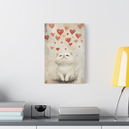 Cute White Cat and Flying Hearts Canvas Art – Whimsical Floating Kitten