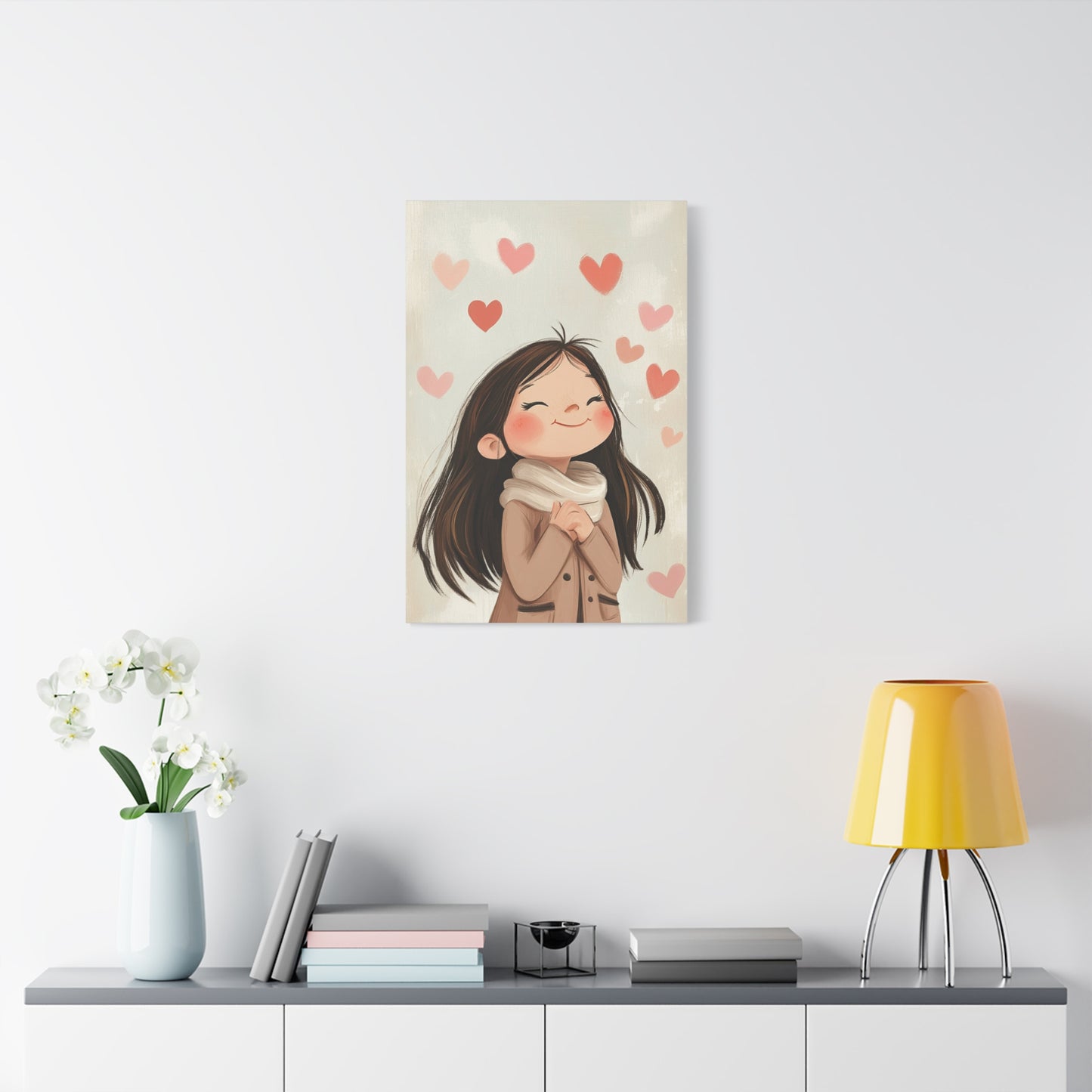 Girl in Love Canvas Art – Whimsical Cityscape with Floating Hearts