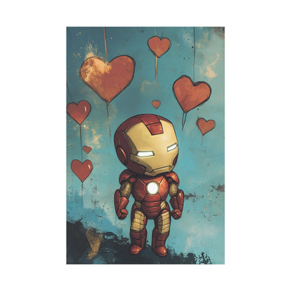 Iron Man and Hearts Canvas Art – Whimsical Armored Hero with Floating Hearts, Matte Stretched Canvas