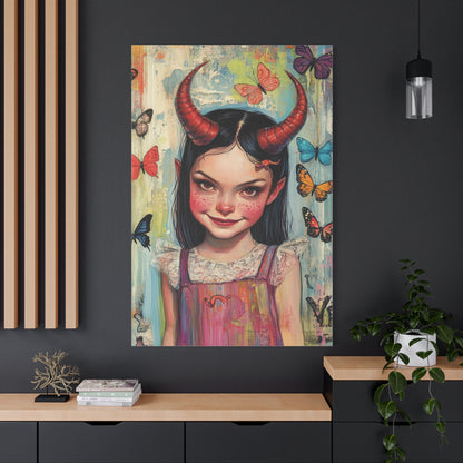 Evil Girl and Butterflies Canvas Print – Dark Fantasy Art with Surreal Beauty, Matte Stretched Canvas