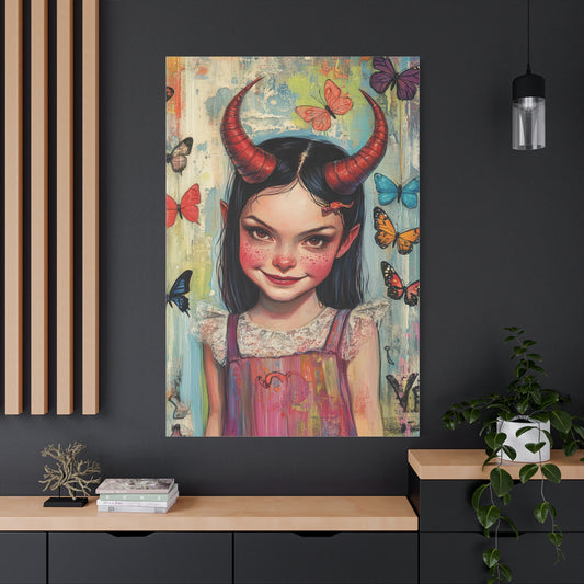 Evil Girl and Butterflies Canvas Print – Dark Fantasy Art with Surreal Beauty, Matte Stretched Canvas