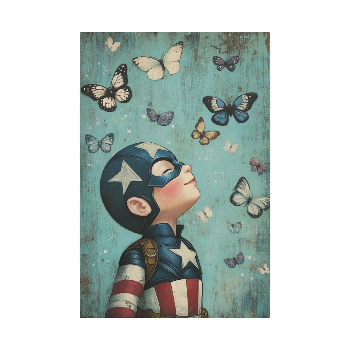 Mini Captain America Hero Canvas Art – Whimsical Young Superhero with Butterflies