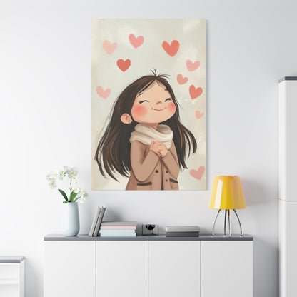 Girl in Love Canvas Art – Whimsical Cityscape with Floating Hearts