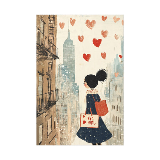 Girl Love and NYC Canvas Art V – Whimsical Cityscape with Floating Hearts