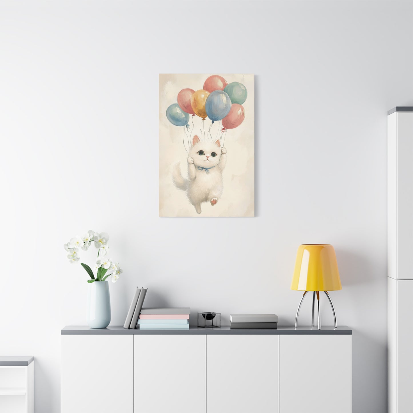 Cute White Cat and Balloons Canvas Art – Whimsical Floating Kitten