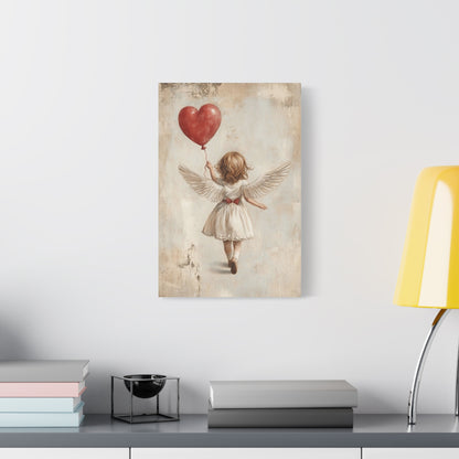 Angel Canvas Art – Whimsical Guardian Angel with Heart Balloon, Matte Stretched Canvas