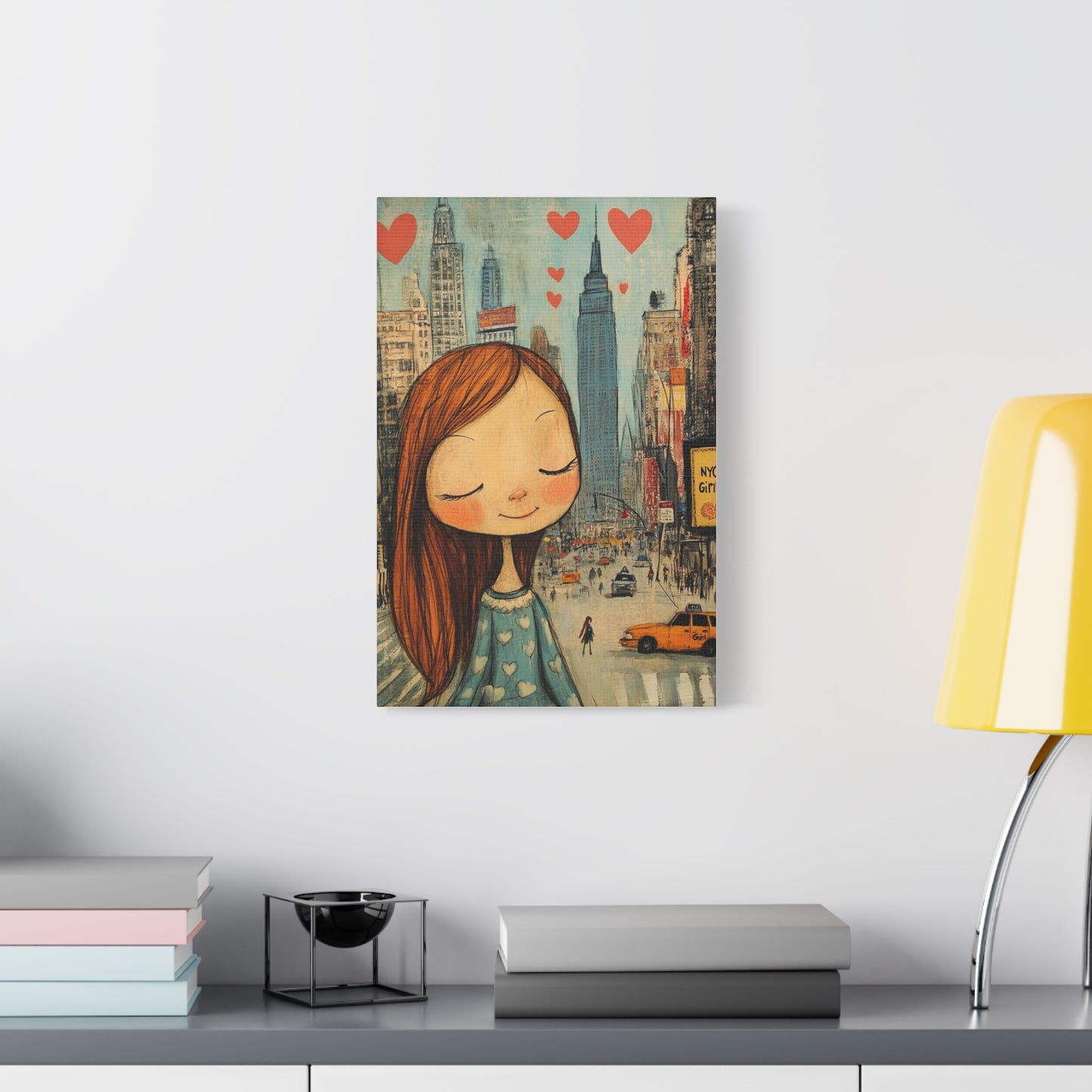 Girl Love and NYC Canvas Art IV – Whimsical Cityscape with Floating Hearts