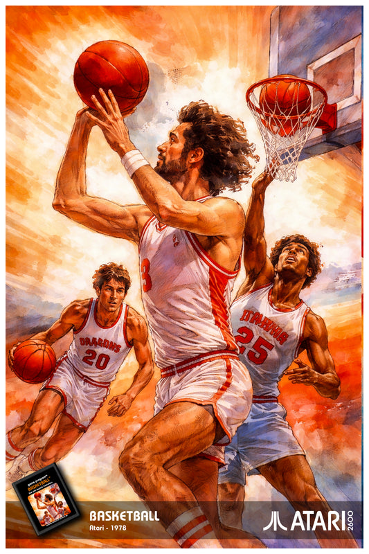 ATARI 2600 - BASKETBALL POSTER - VINTAGE SPORTS VIDEO GAME ART (1978)