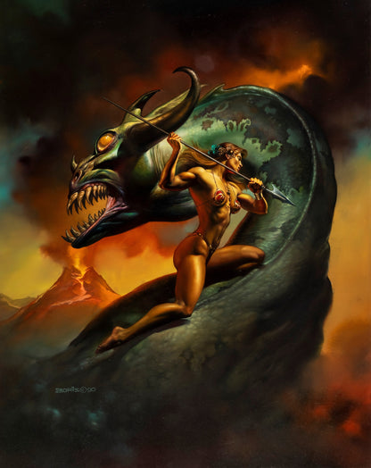Boris Vallejo - Berserker Kill Poster - Fantasy Warrior Woman vs Dragon Serpent (1993)