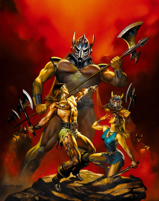 Boris Vallejo - Onslaugh Poster - Barbarian Warrior vs. Giant Warlord Fantasy Battle (1991)