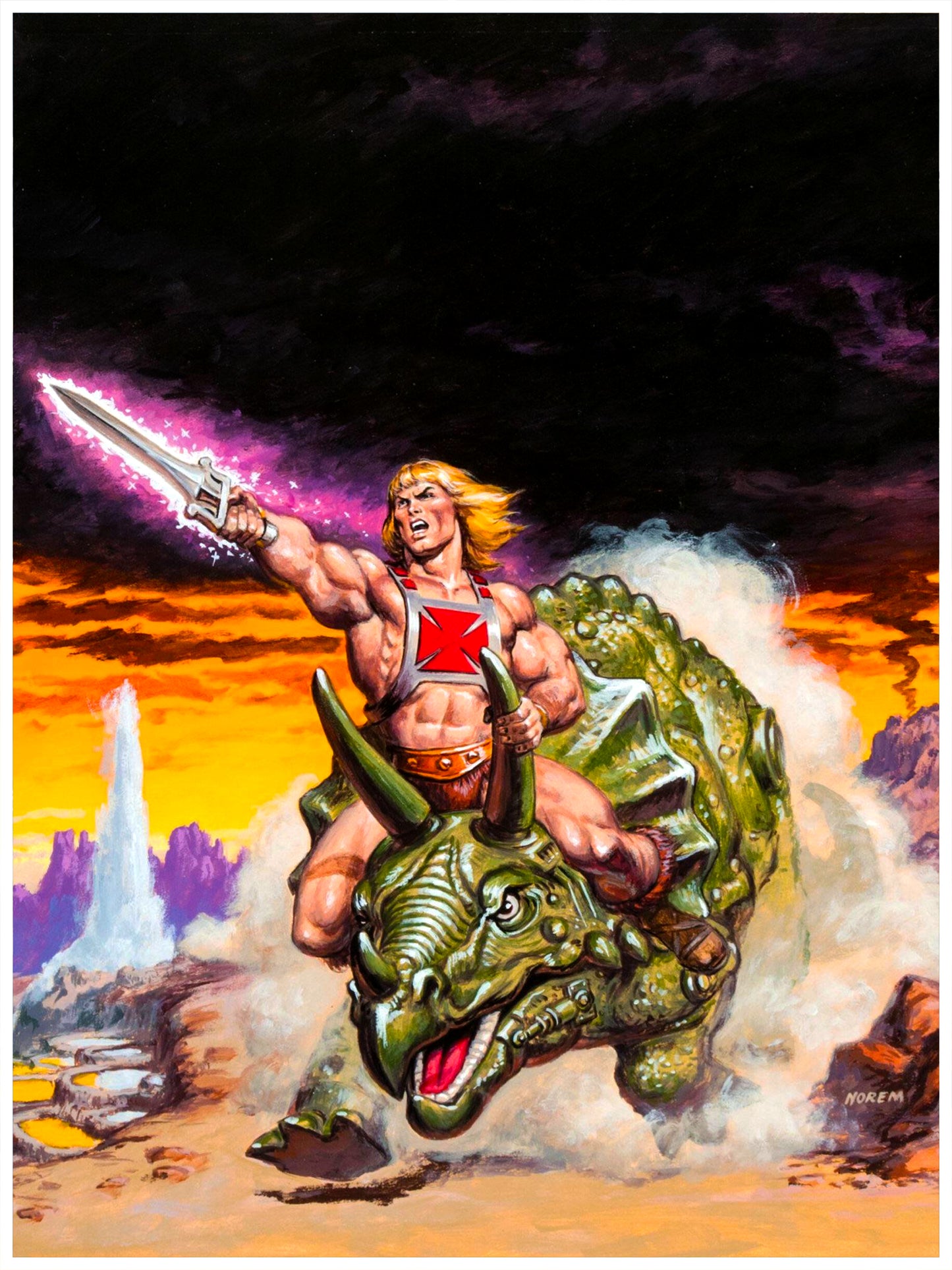 EARL NOREM POSTER - HE-MAN ADVANCES - MASTERS OF THE UNIVERSE TRICERATOPS ART