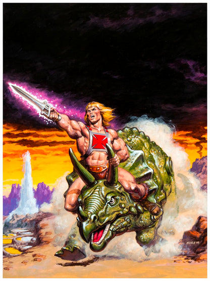 EARL NOREM POSTER - HE-MAN ADVANCES - MASTERS OF THE UNIVERSE TRICERATOPS ART