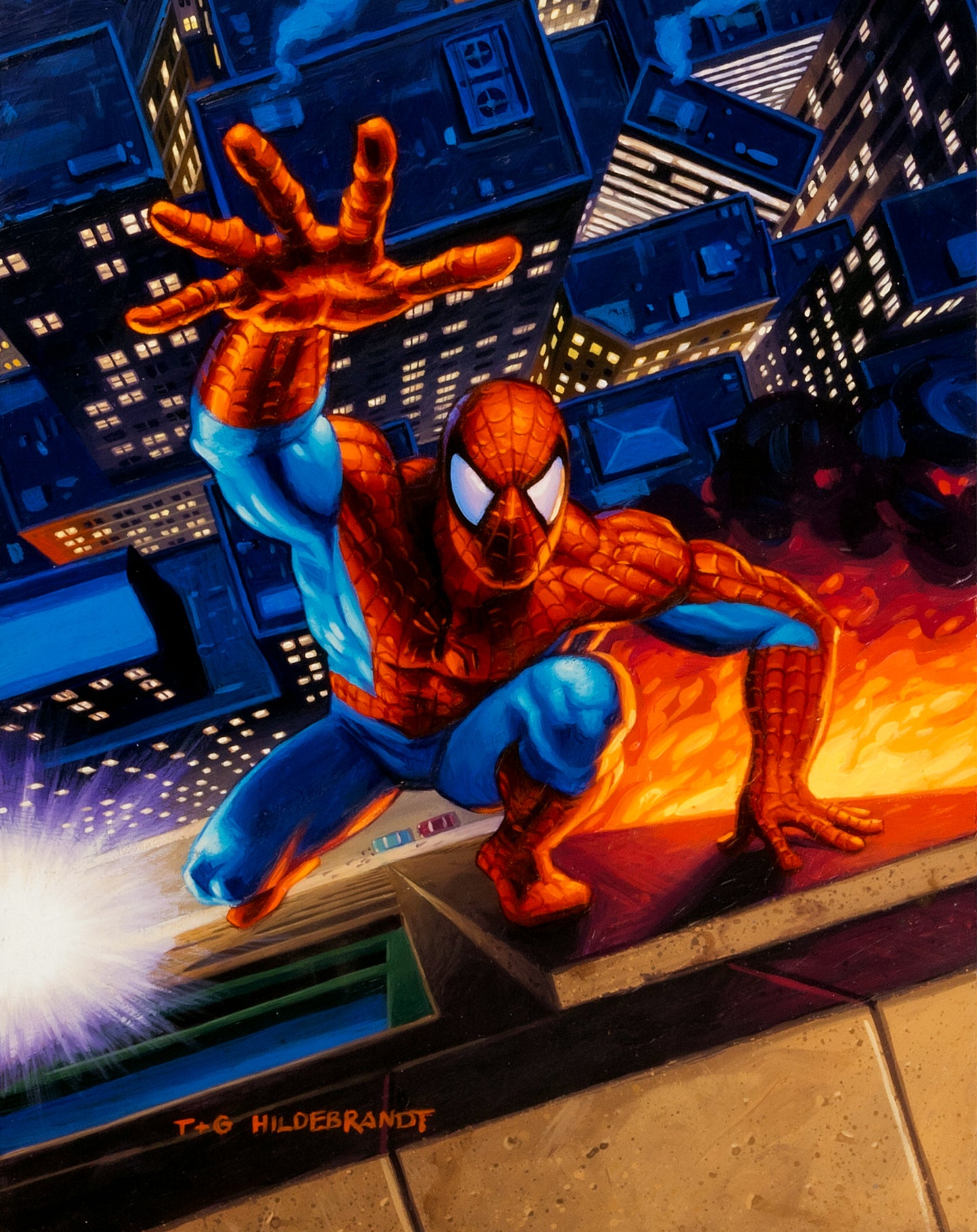 Greg & Tim Hildebrandt - Spider-Man Poster - Marvel Masterpieces Card #115 - Web-Slinger Rooftop Action Art