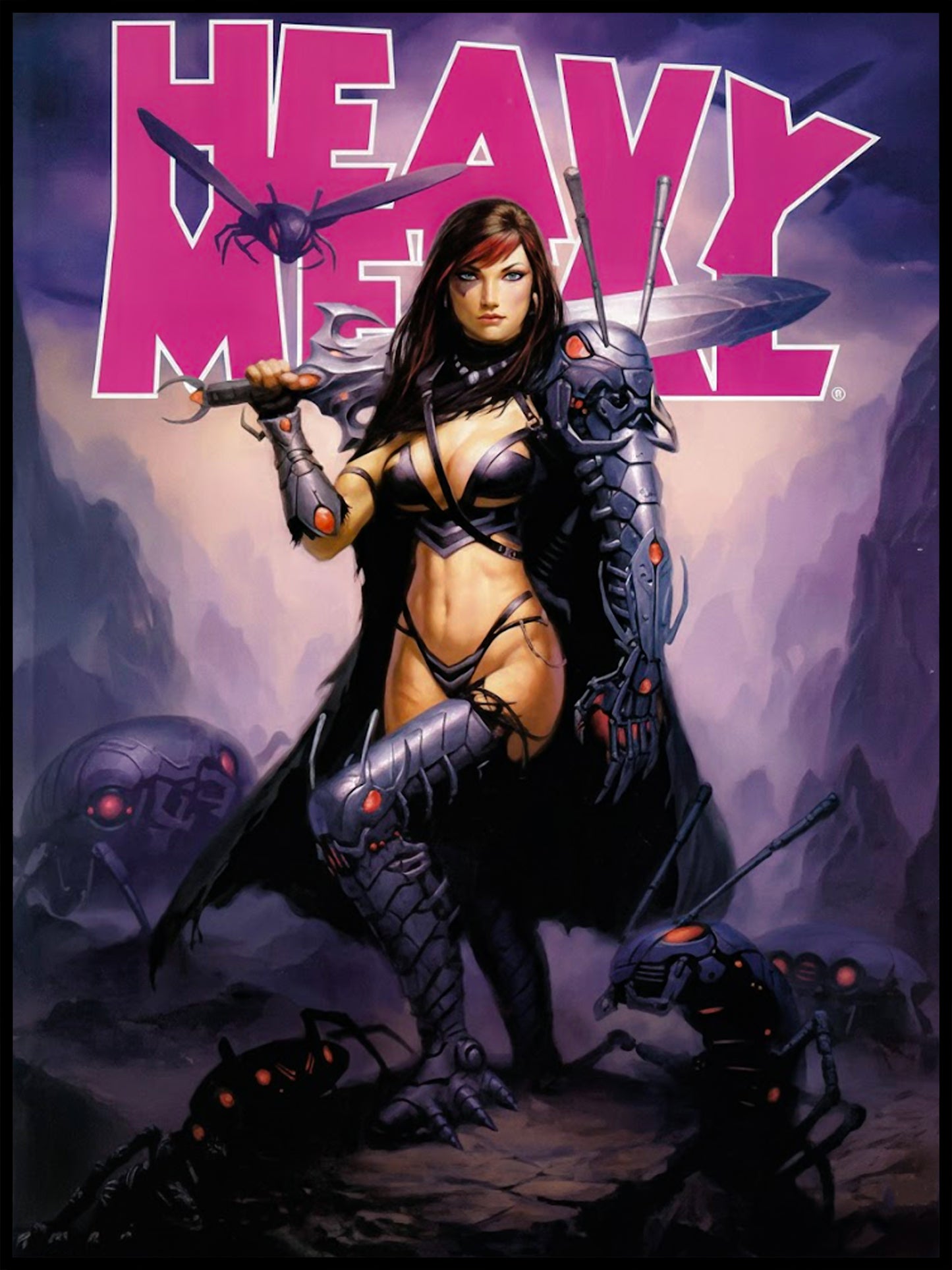 JAMES RYMAN POSTER - HEAVY METAL V32#7 COVER - CYBER AMAZON QUEEN WITH ROBOT INSECTS