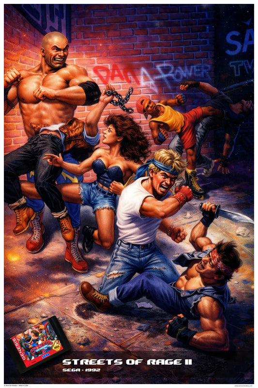 Poster for 'Streets of Rage II' featuring characters in a fight scene with a brick wall background.