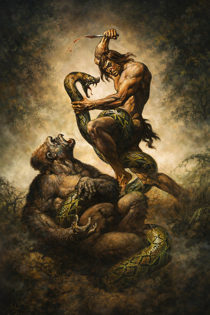 Boris Vallejo - Tarzan Fighting Giant Python and Gorilla - Fantasy Jungle Scene - Poster
