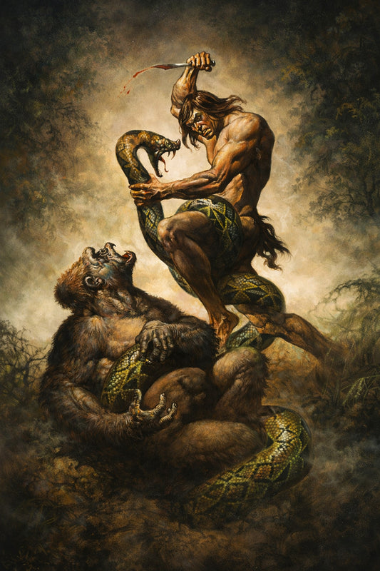 Boris Vallejo - Tarzan Fighting Giant Python and Gorilla - Fantasy Jungle Scene - Poster