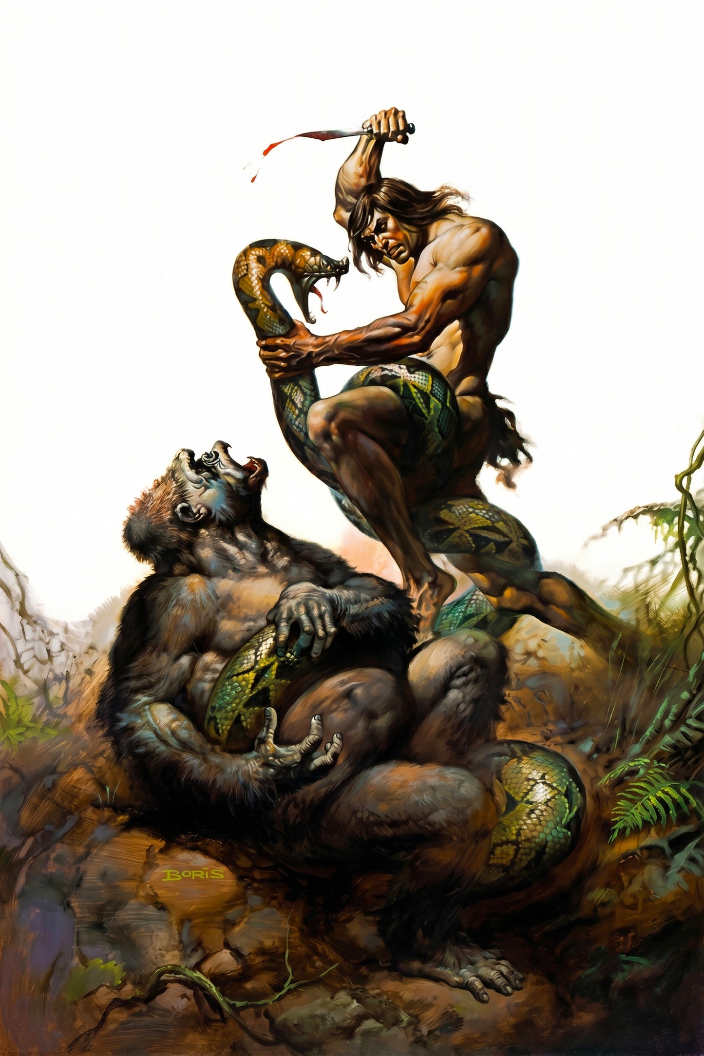 Boris Vallejo - Tarzan Fighting Giant Python and Gorilla - Fantasy Jungle Scene - Poster