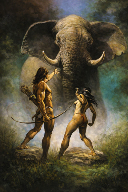Boris Vallejo - Tarzan Confronting Elephant with Jungle Woman - Heroic Fantasy Poster