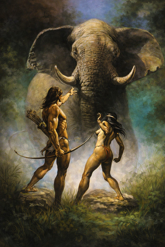Boris Vallejo - Tarzan Confronting Elephant with Jungle Woman - Heroic Fantasy Poster