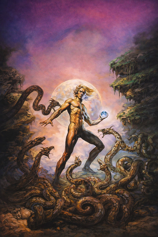 The Secrets of Synchronicity - Serpents and Crystal Orb Fantasy Poster - Boris Vallejo