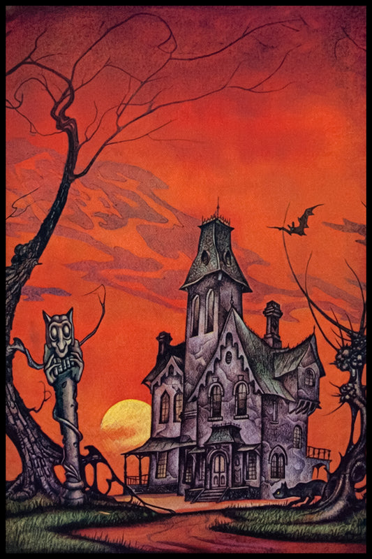 MATT FOX - WEIRD TALES V38N04 - HAUNTED HOUSE AT DUSK WITH OWL TOTEM POSTER