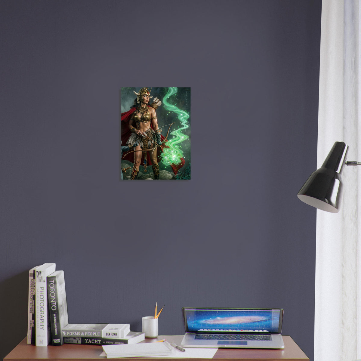 Fantasy Art Poster – Warrior Goddess Archer in Golden Armor, Green Magic Energy 3