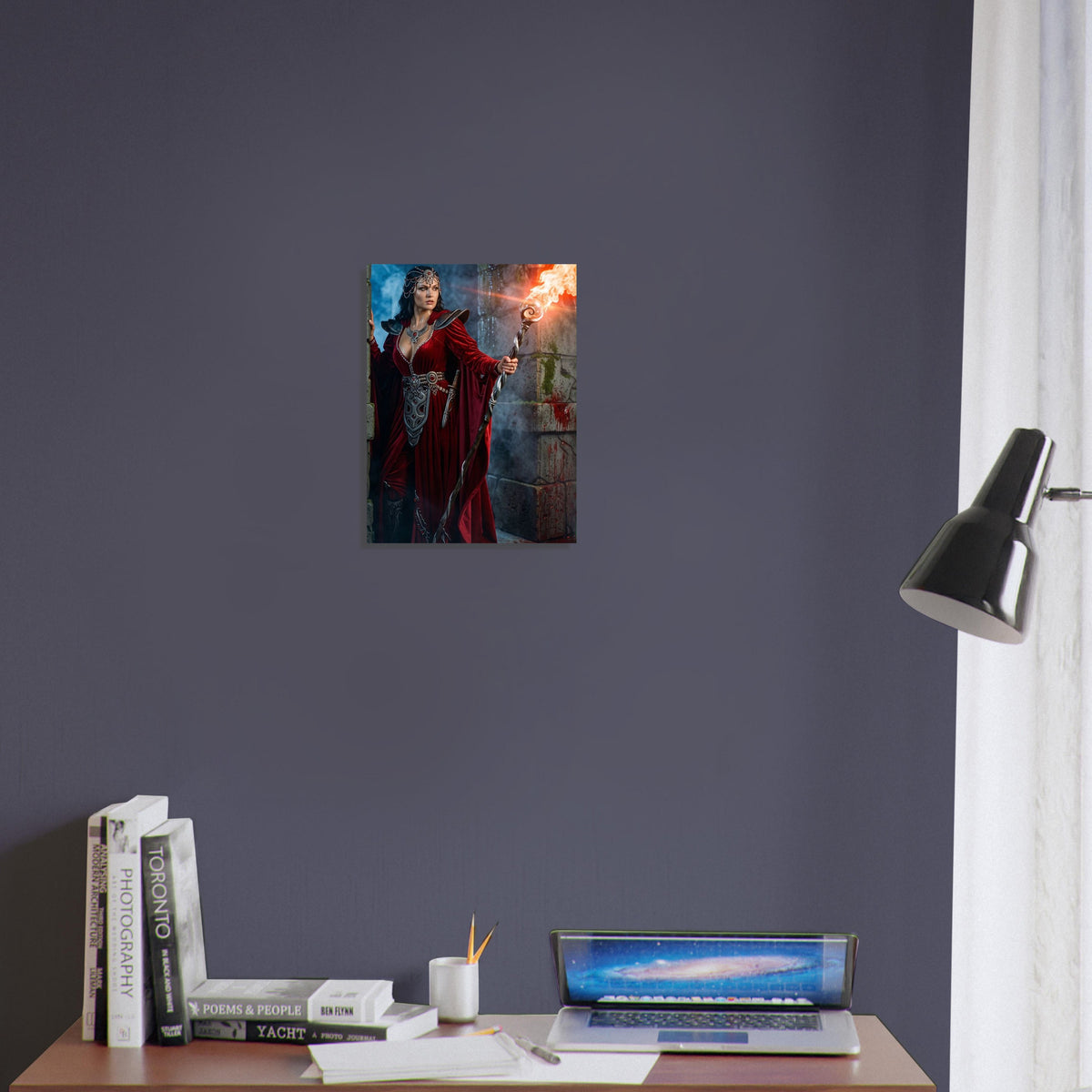 Fantasy Art Poster – Crimson Robed Sorceress Mage with Flame Staff Wall Art 3