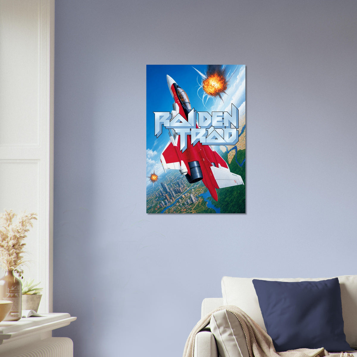 Raiden Trad Poster – Red & White Combat Jet Fighter Explosion Wall Art Decor 4