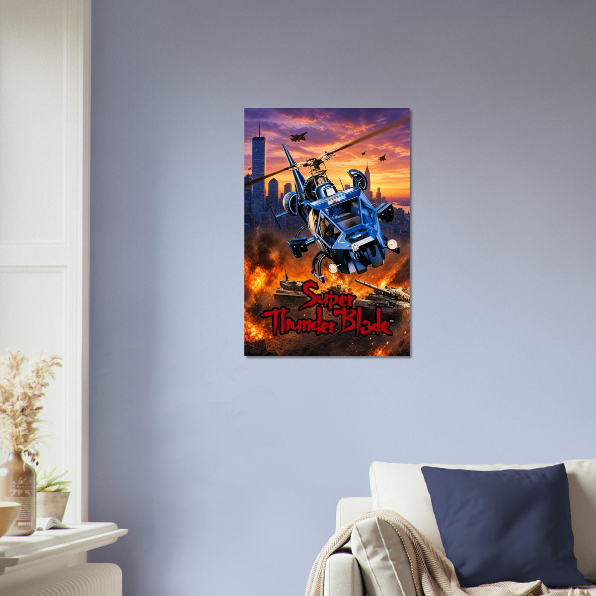 Super Thunder Blade Poster – Blue Combat Helicopter Action Art Wall Art Decor 4