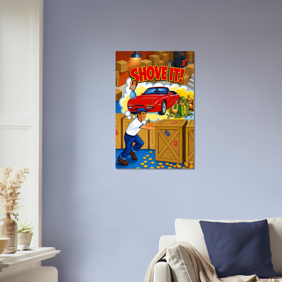 Shove It! Retro Arcade Game Poster – Red Sports Car & Cash Wall Art Decor 4