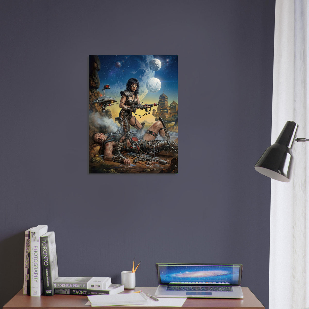 Steampunk Art Poster – Warrior Woman under Dual Moons, Sci-Fi Action Print 4