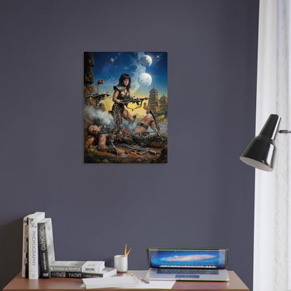 Steampunk Art Poster – Warrior Woman under Dual Moons, Sci-Fi Action Print 4