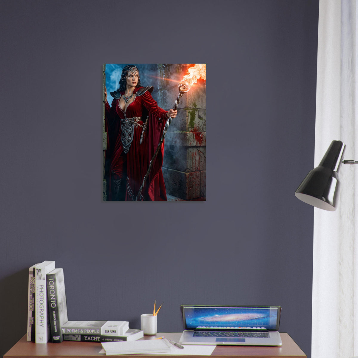 Fantasy Art Poster – Crimson Robed Sorceress Mage with Flame Staff Wall Art 4