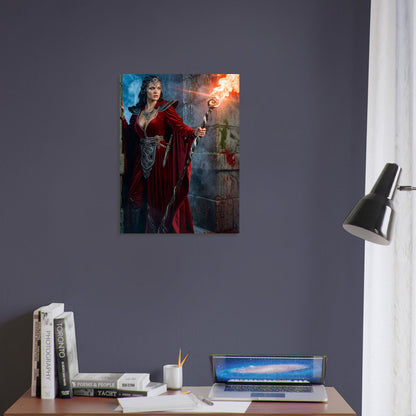 Fantasy Art Poster – Crimson Robed Sorceress Mage with Flame Staff Wall Art 4