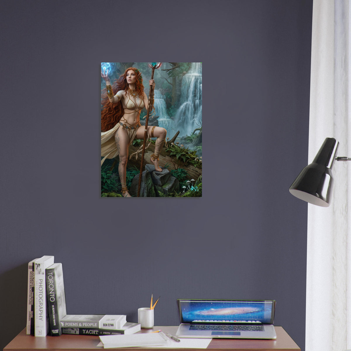 Fantasy Art Poster – Warrior Priestess with Magic Staff at a Waterfall 4