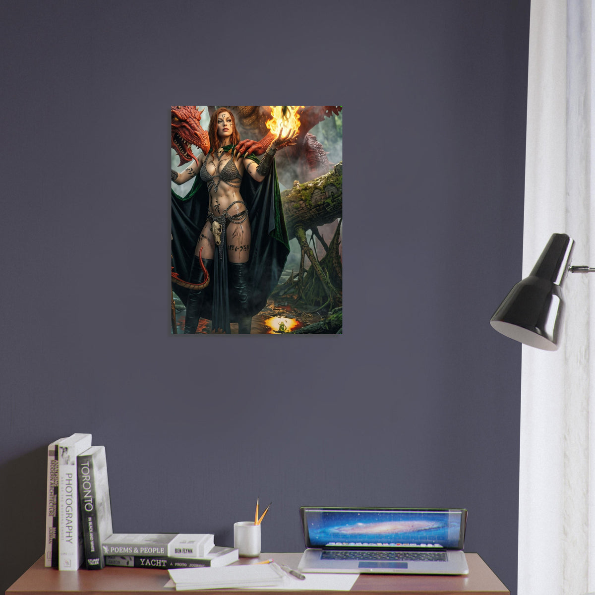 Fantasy Art Poster – Dragon Sorceress Warrior Woman with Fire Magic Wall Art 4