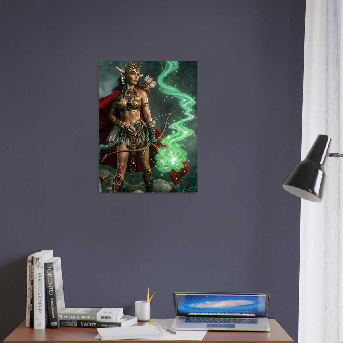 Fantasy Art Poster – Warrior Goddess Archer in Golden Armor, Green Magic Energy 4